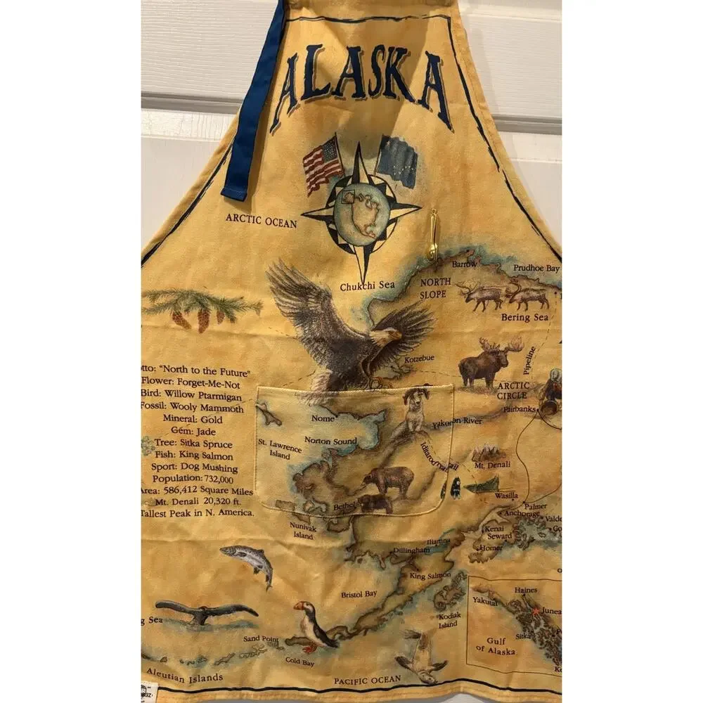 Alaska Apron 100% Cotton Alaska Map -Animals & Words Adjustable-Pocket